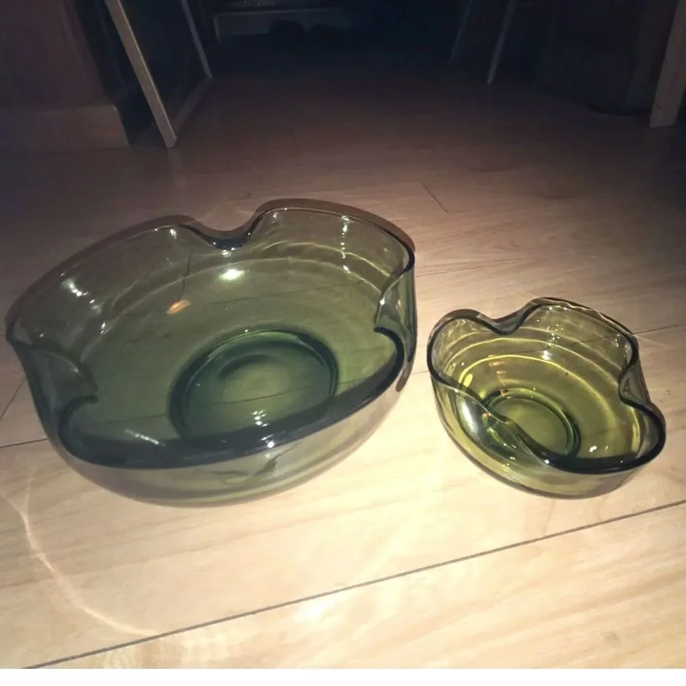 1970's Groovy Avocado Green Glass Chip & Dip‎ Scalloped Bowl Set Anchor Hocking